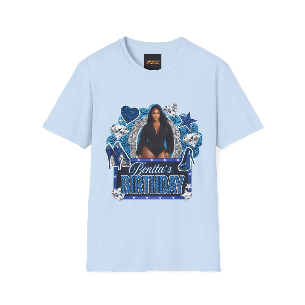 Custom Photo Birthday T-Shirt — Personalized "Birthday" Design with Blue Hearts & Diamonds