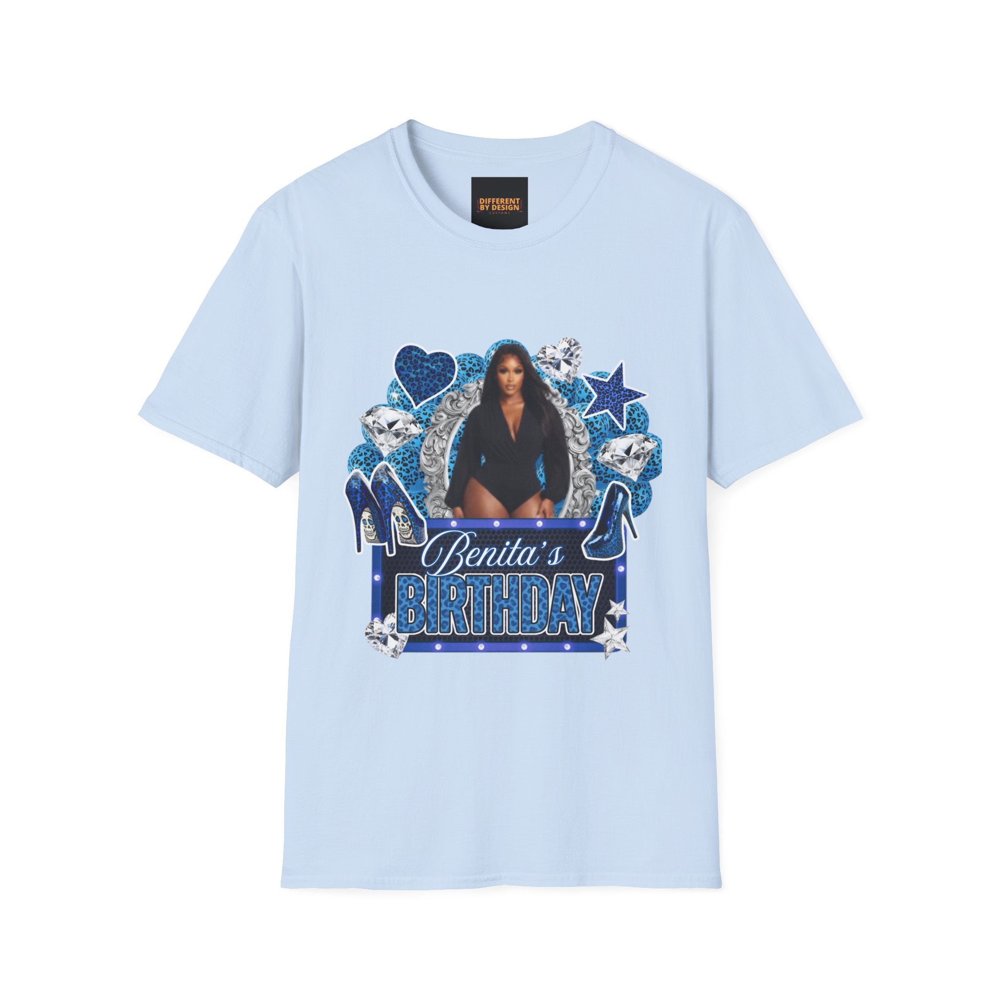 Custom Photo Birthday T-Shirt — Personalized "Birthday" Design with Blue Hearts & Diamonds