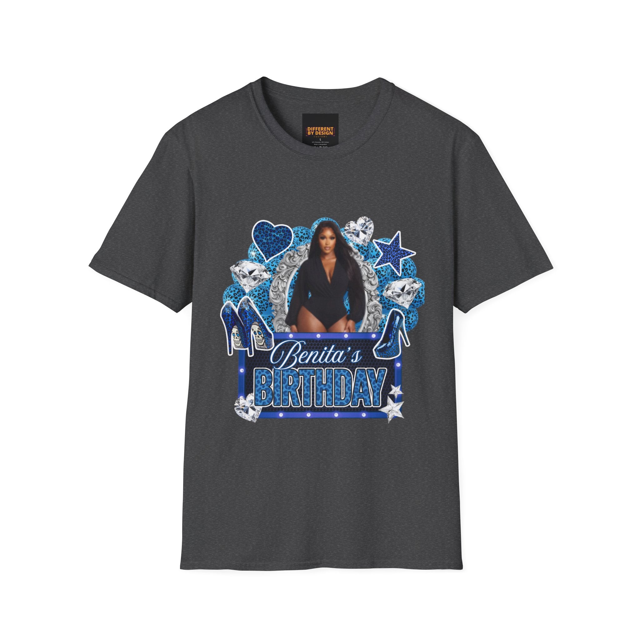 Custom Photo Birthday T-Shirt — Personalized "Birthday" Design with Blue Hearts & Diamonds