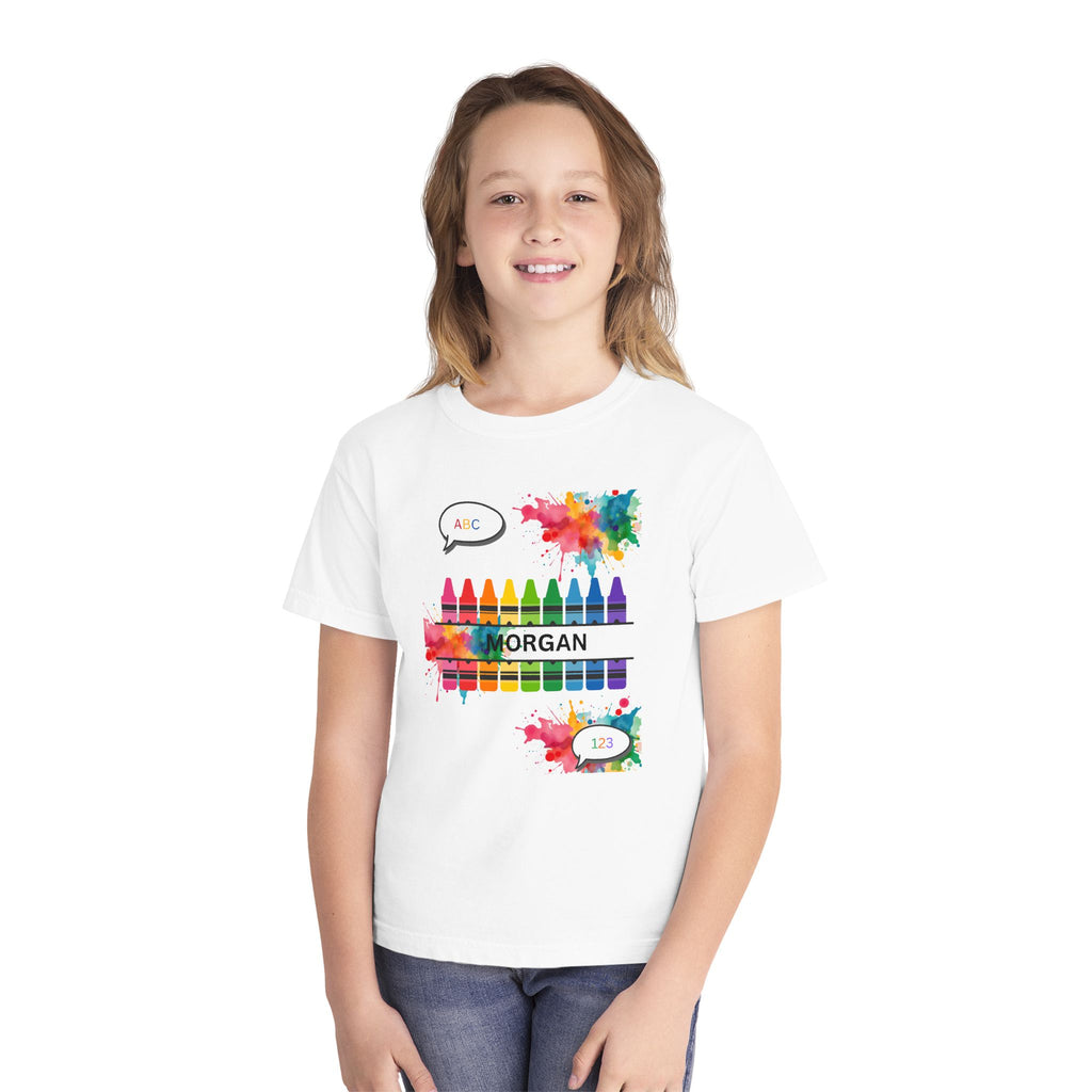 Kids Crayon Name T‑Shirt — Personalized Colorful Art Tee (ABC, 1-2)
