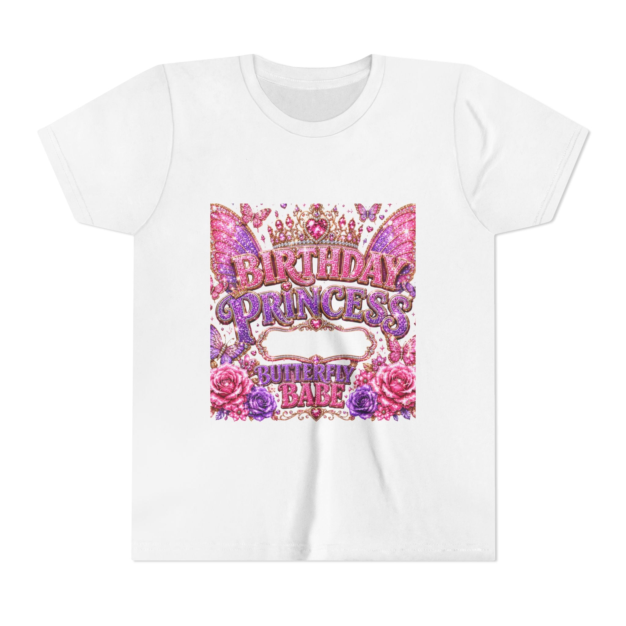 Birthday Princess Youth Tee - Glitter Butterflies & Roses Birthday Shirt