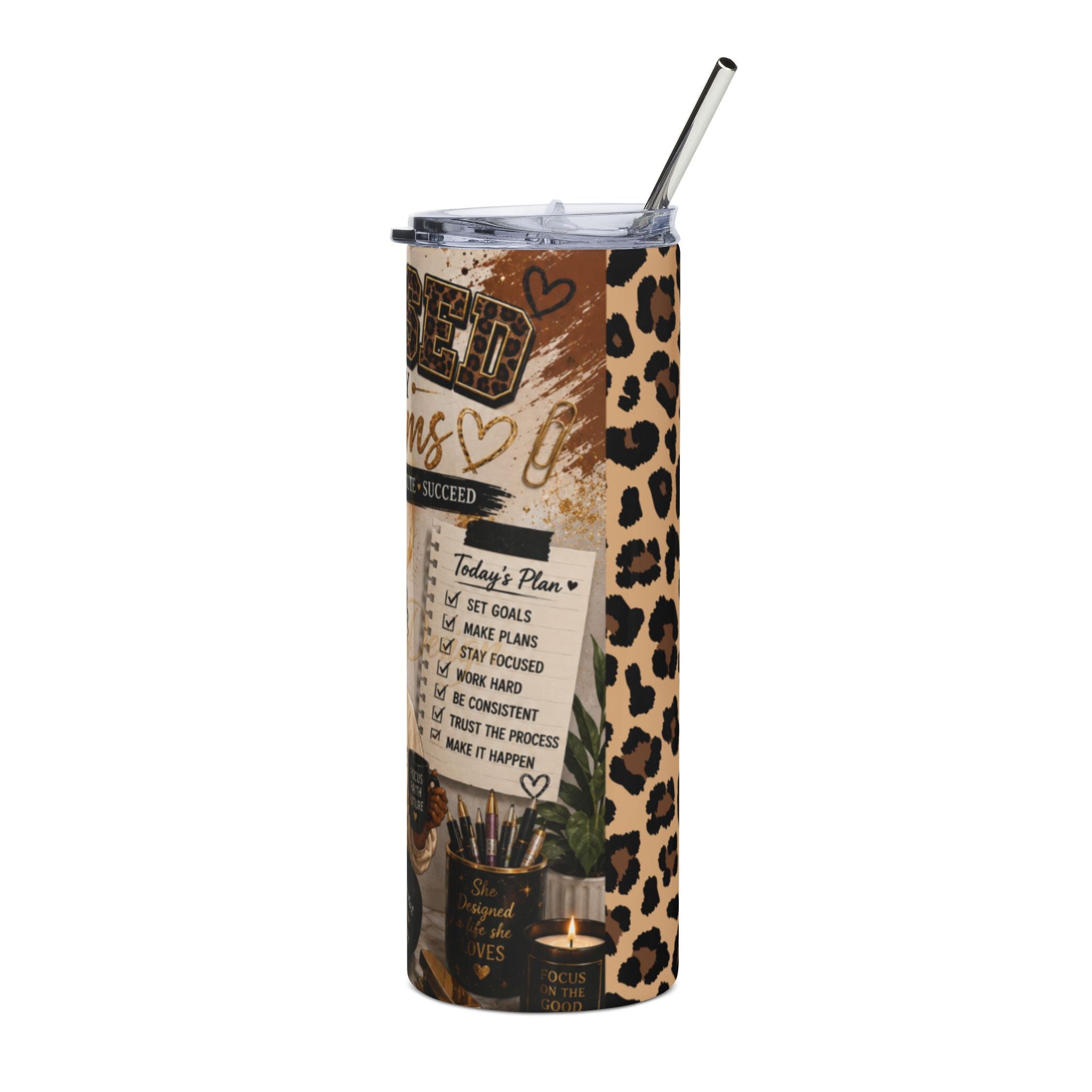 20oz Stainless Tumbler — "Focused on My Dreams" Leopard Print Motivational Travel Mug