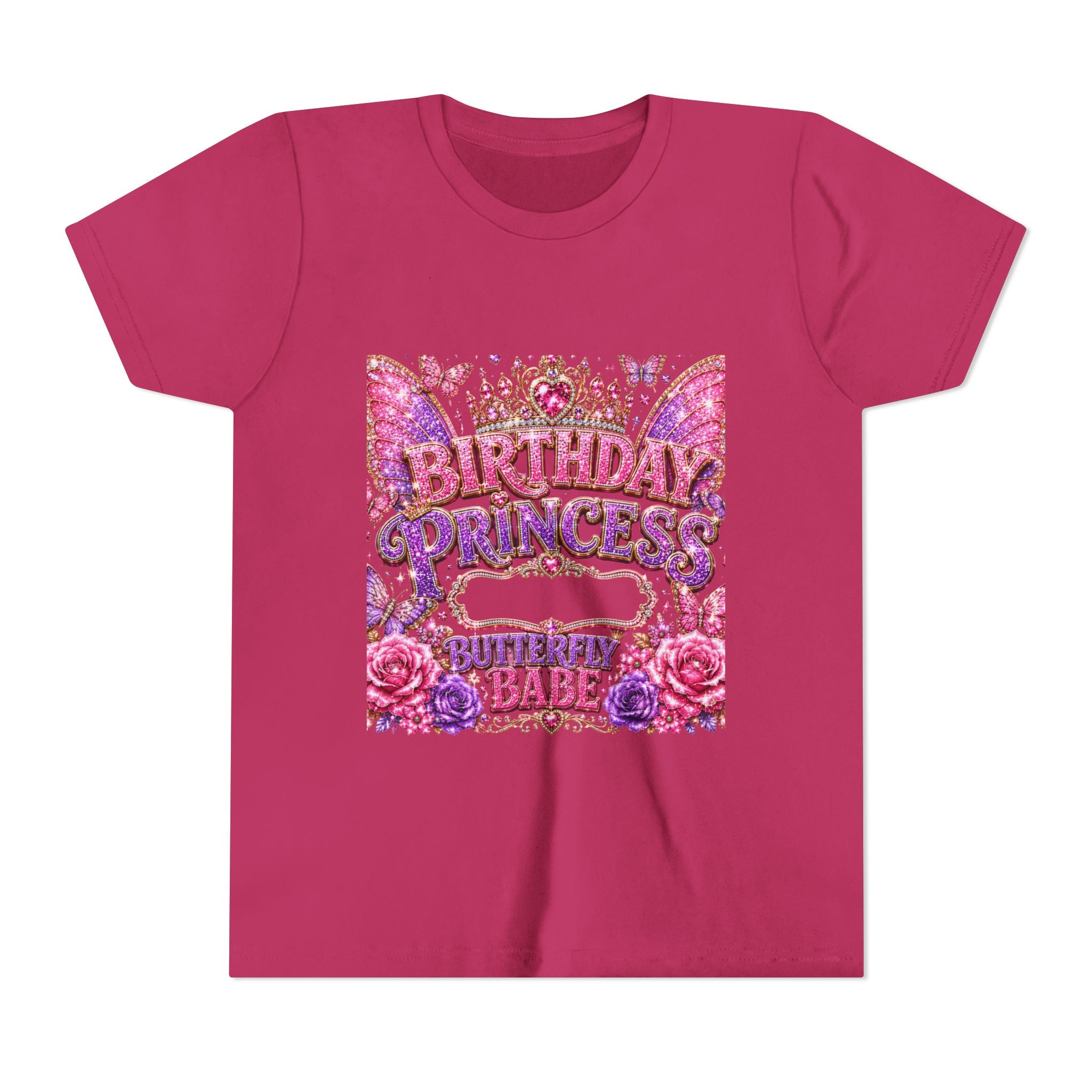 Birthday Princess Youth Tee - Glitter Butterflies & Roses Birthday Shirt