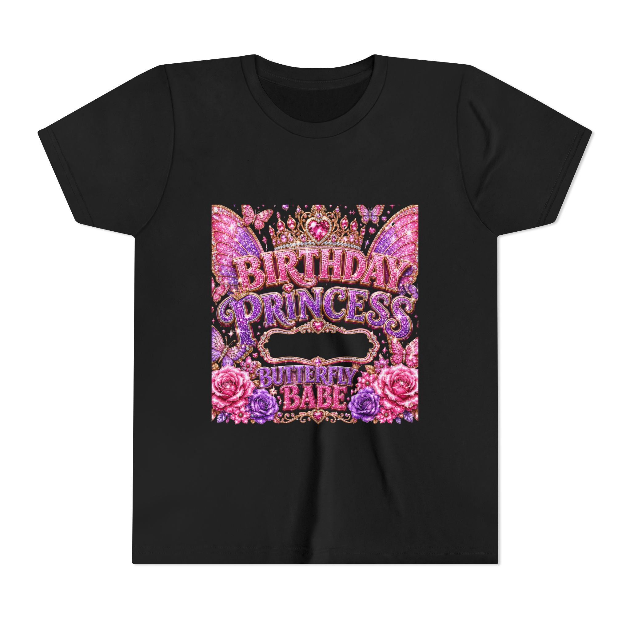Birthday Princess Youth Tee - Glitter Butterflies & Roses Birthday Shirt