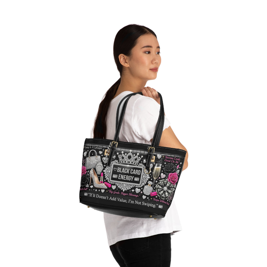 Tote Bag — "Black Card Energy" PU Leather Shoulder Tote with Glam Fashion Design