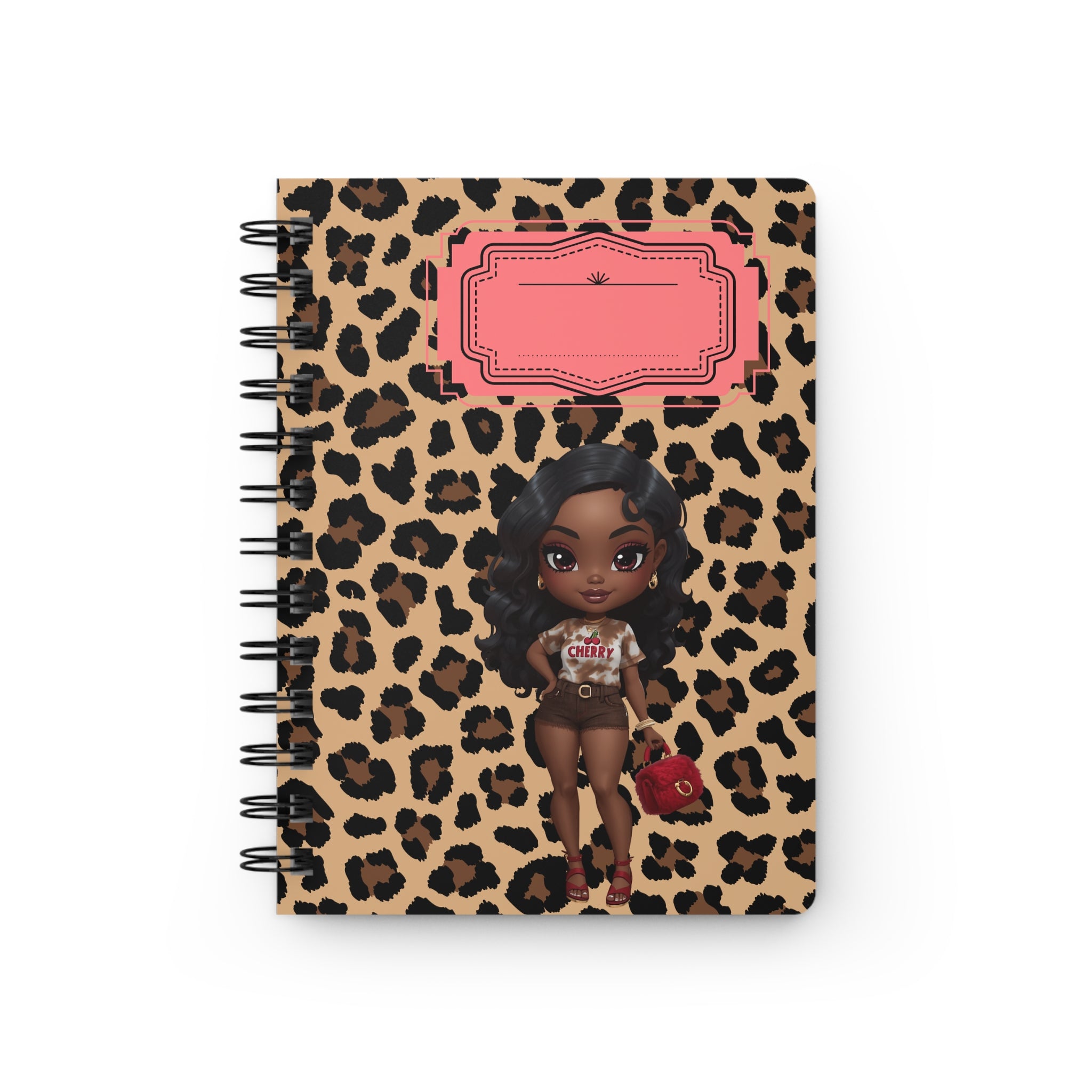 Leopard Chic Spiral Journal — Cute Black Girl Character Notebook