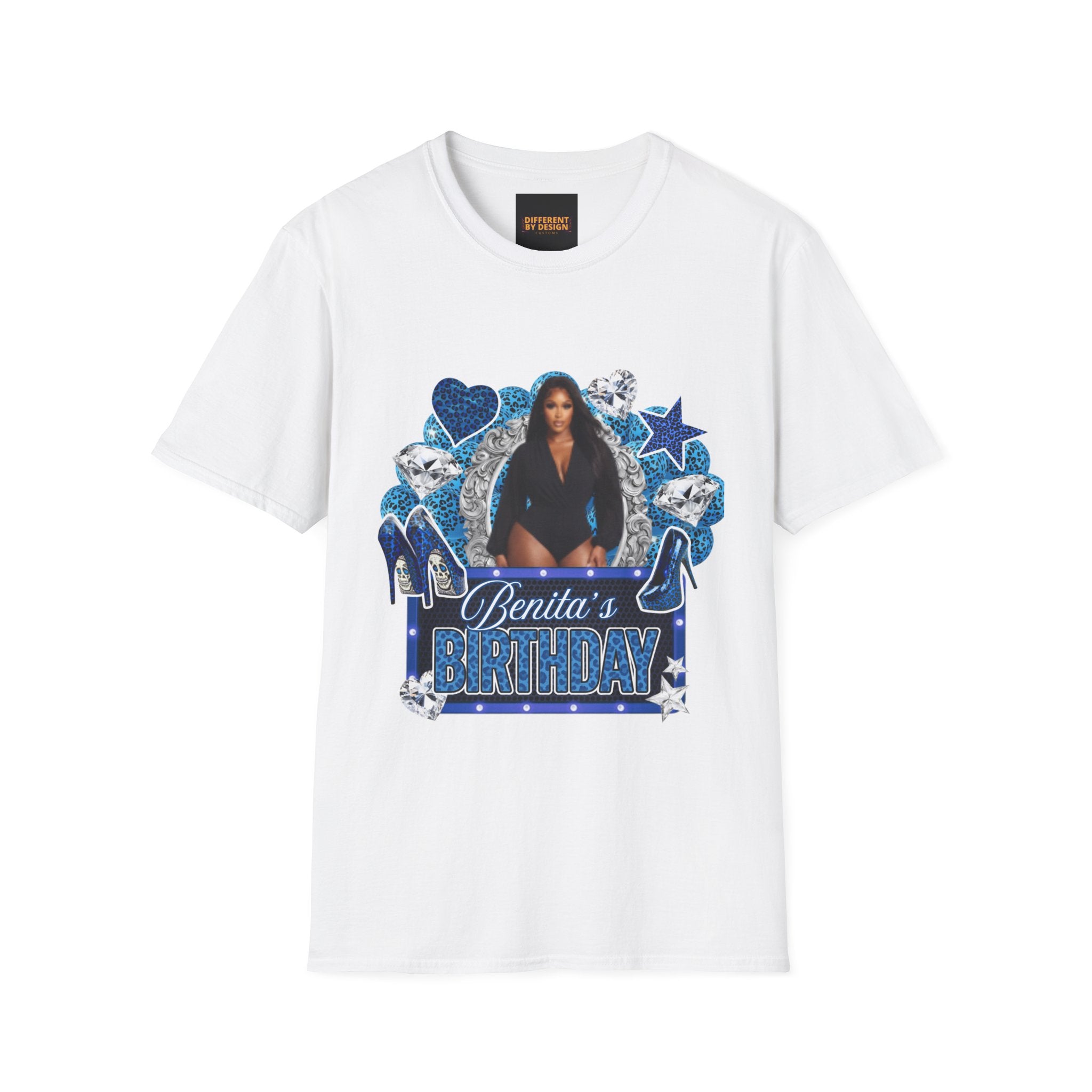 Custom Photo Birthday T-Shirt — Personalized "Birthday" Design with Blue Hearts & Diamonds