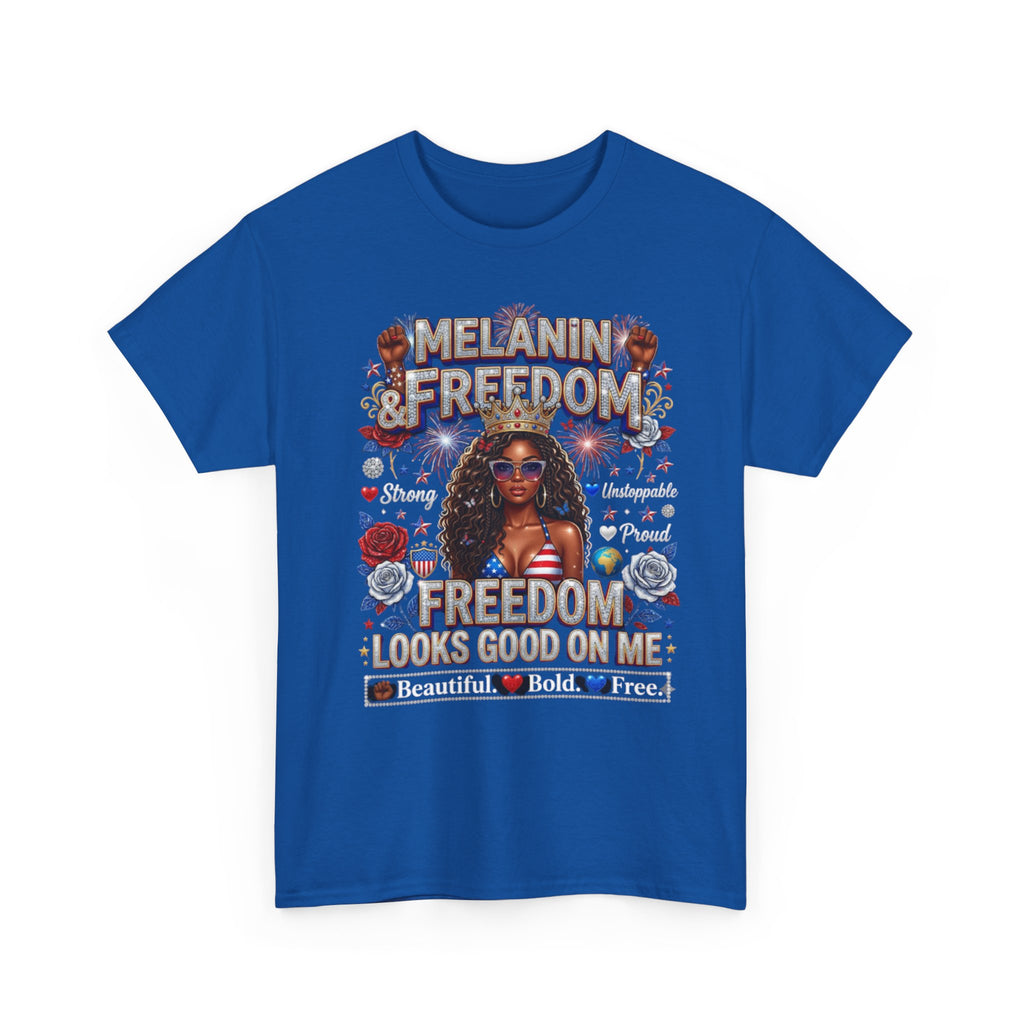 Melanin & Freedom Graphic Tee — "Freedom Looks Good on Me" Patriotic Afrocentric T-Shirt