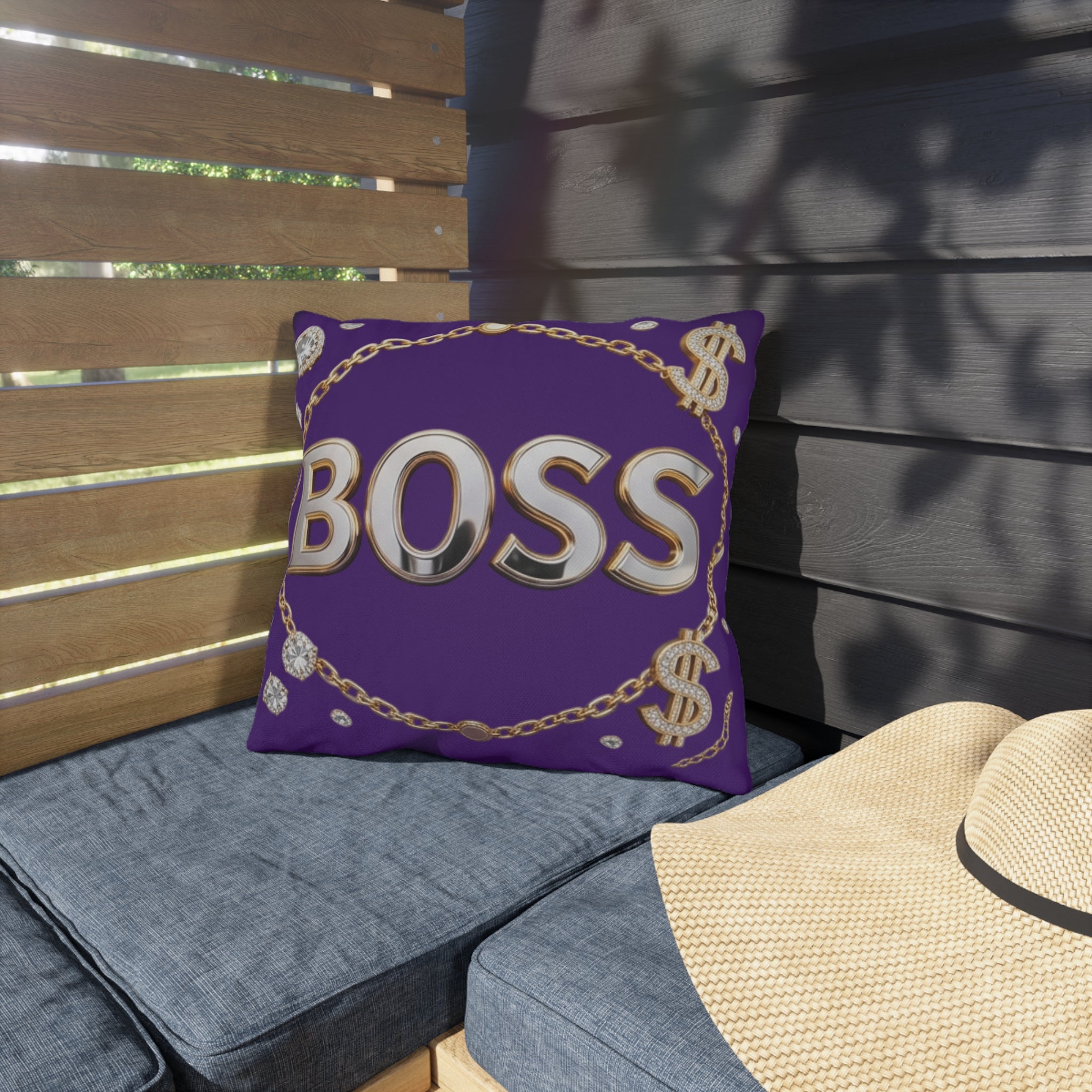 Boss Outdoor Pillow — Purple Gold Chain Dollar Accent Cushion
