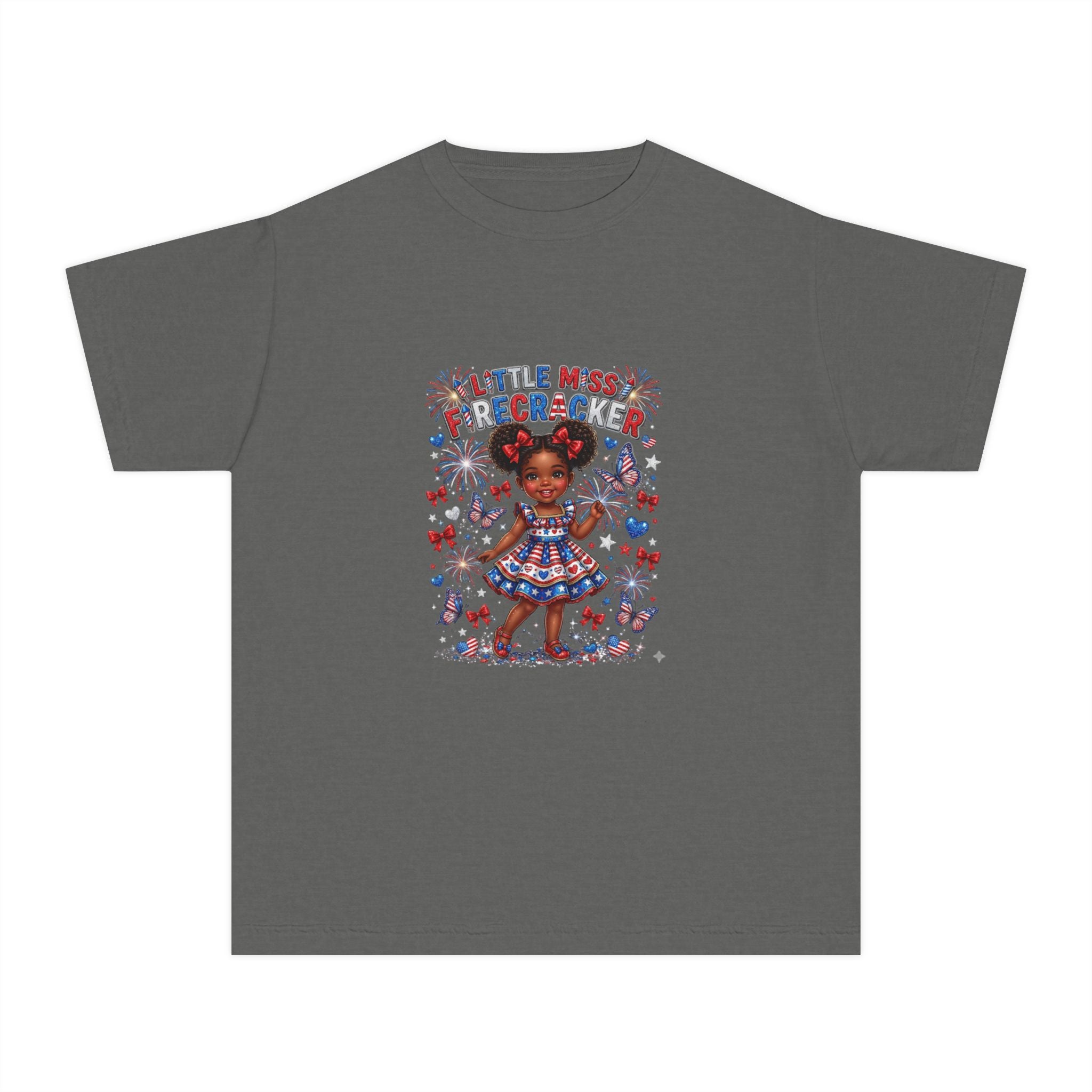 Youth Tee — “Little Miss Firecracker” Patriotic Girl Graphic T-Shirt