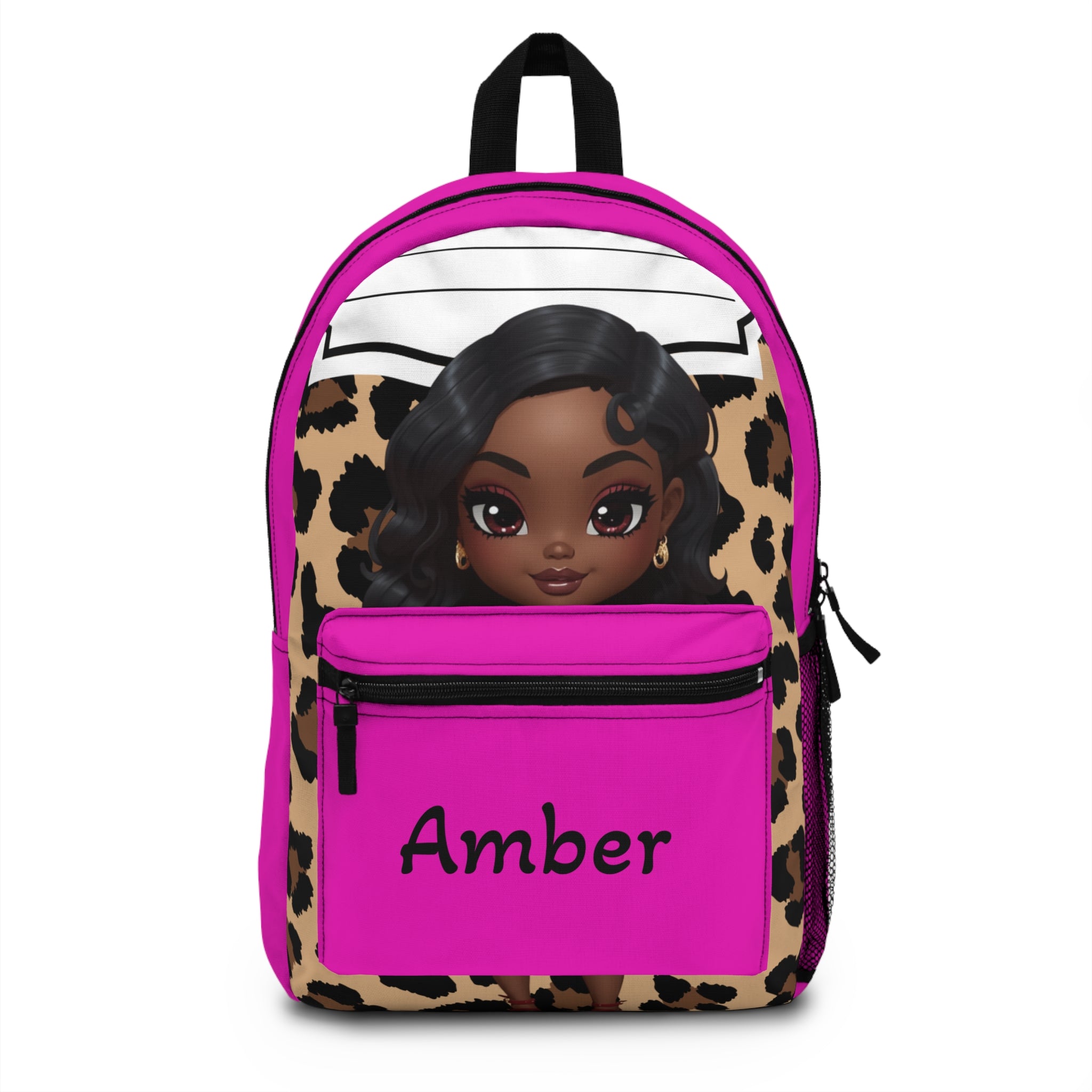 Personalized Pink Leopard Kids Backpack — Cute Black Doll Face Design, Name "Amber"