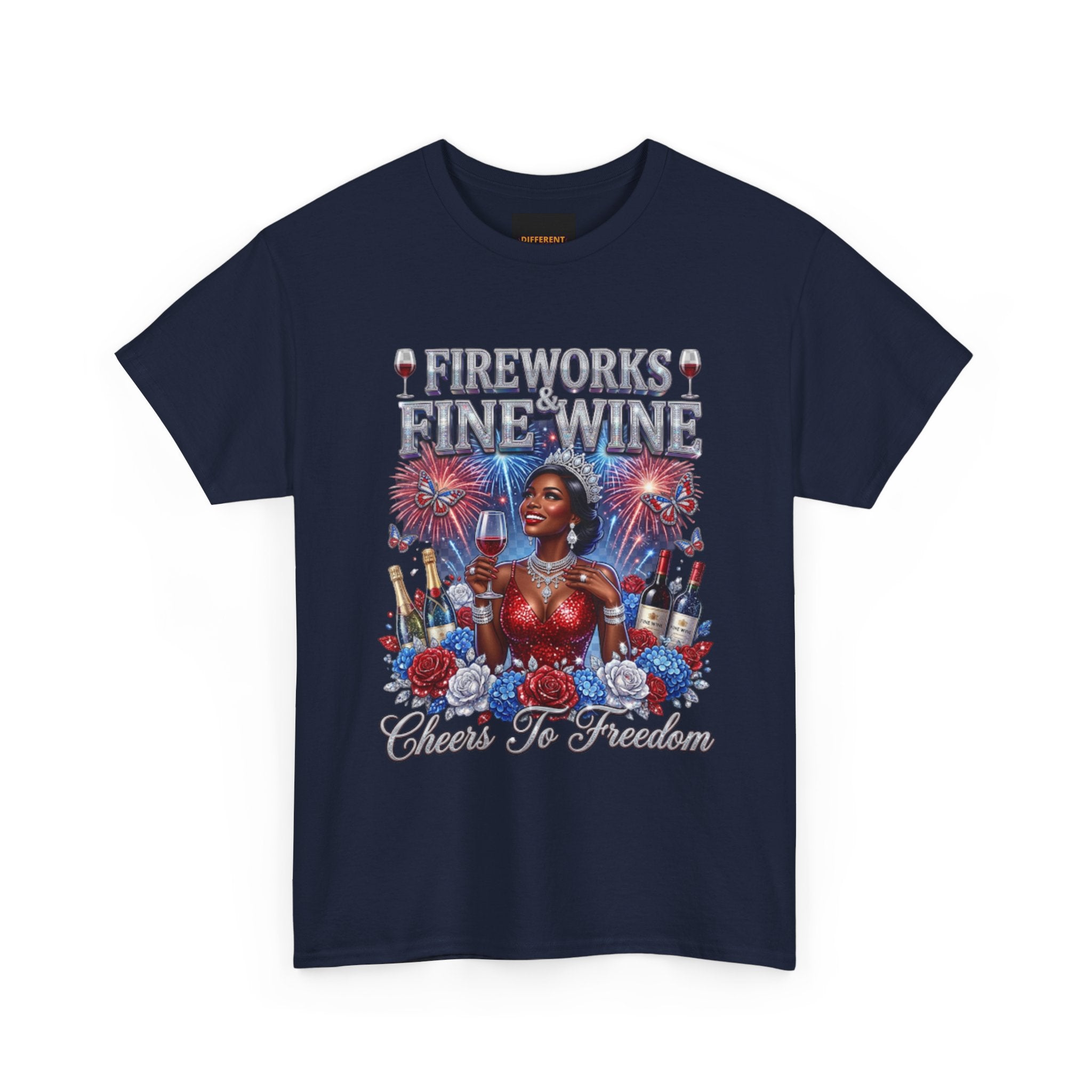 Fireworks & Fine Wine Tee — Cheers to Freedom 4th of July Patriotic Shirt