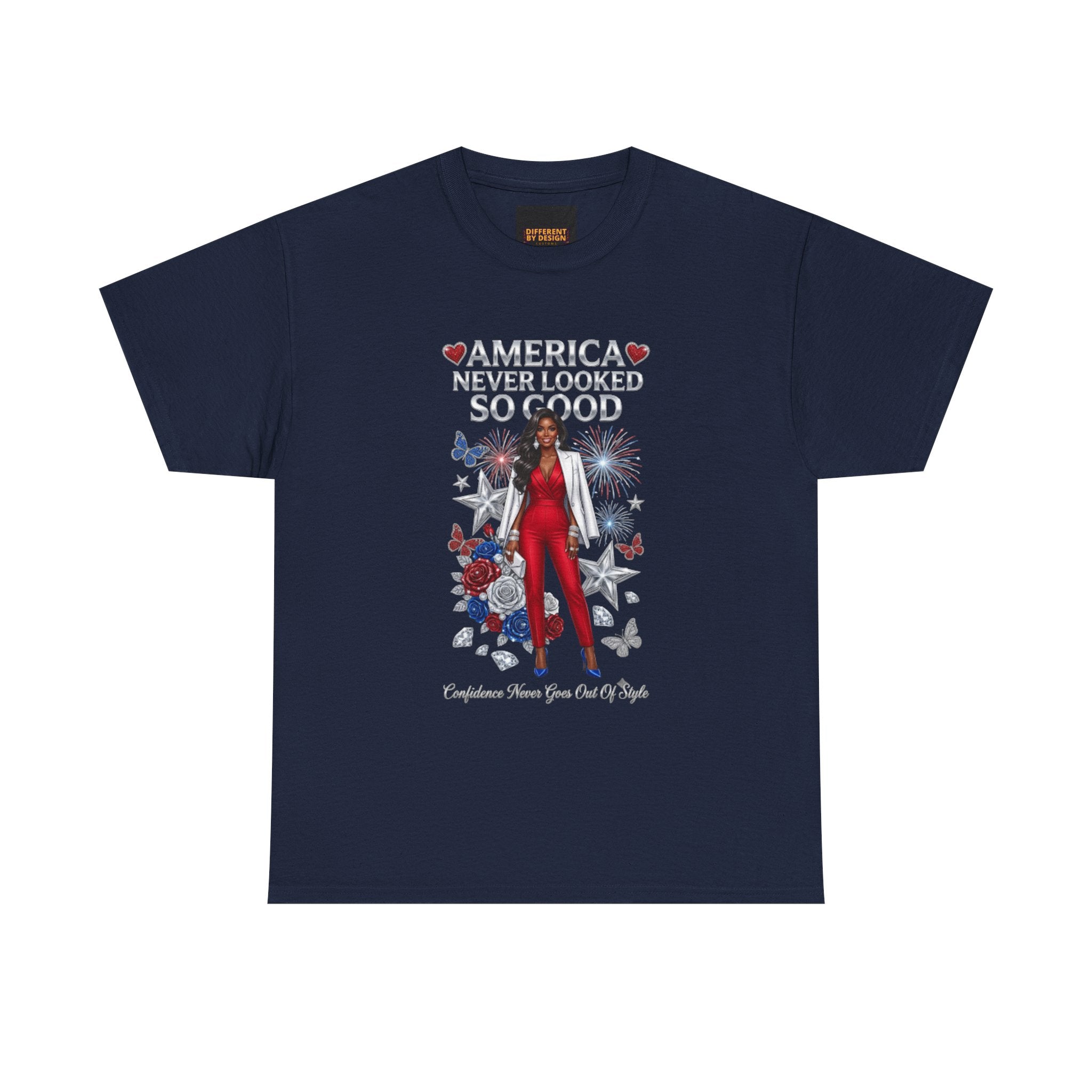 Patriotic 'America Never Looked So Good' Tee — Women's Red Jumpsuit 4th of July Shirt