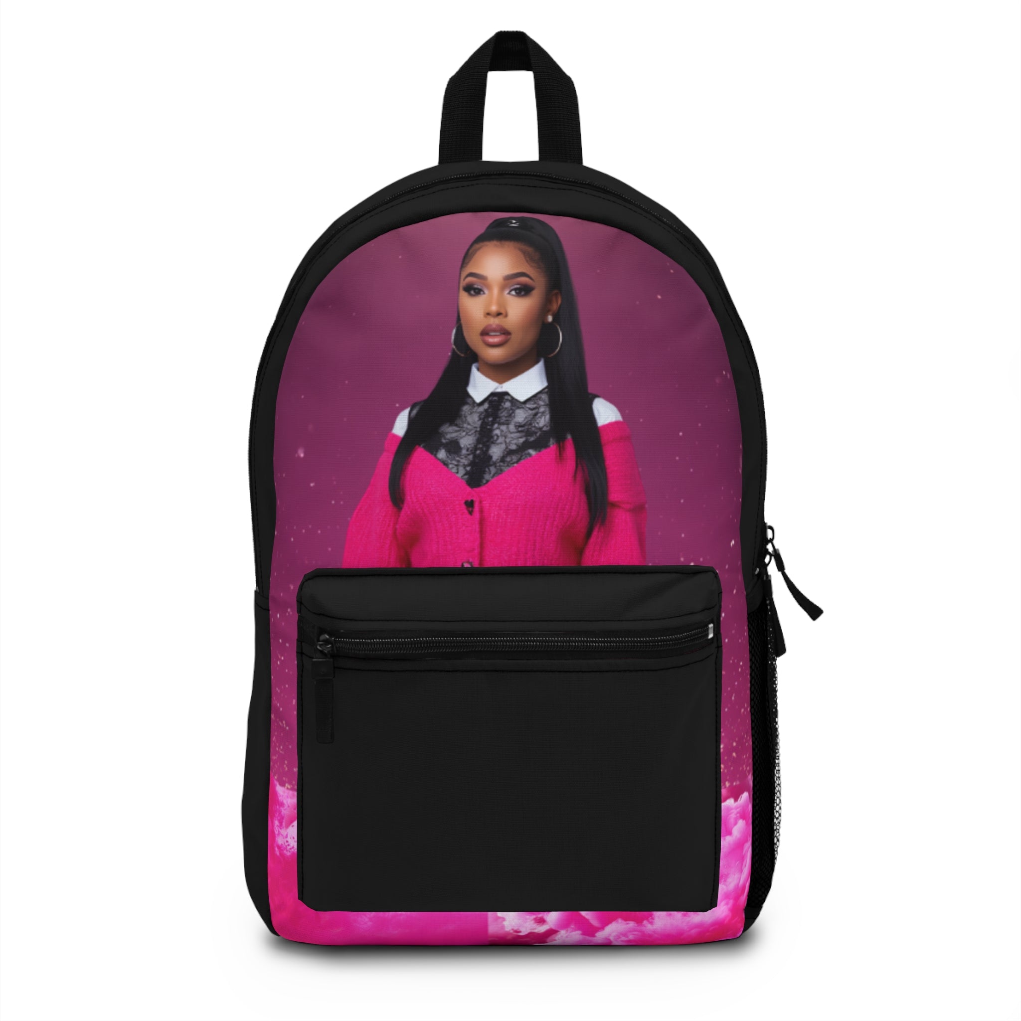 Pink Portrait Graphic Backpack — Fashionable Photo Print Bag
