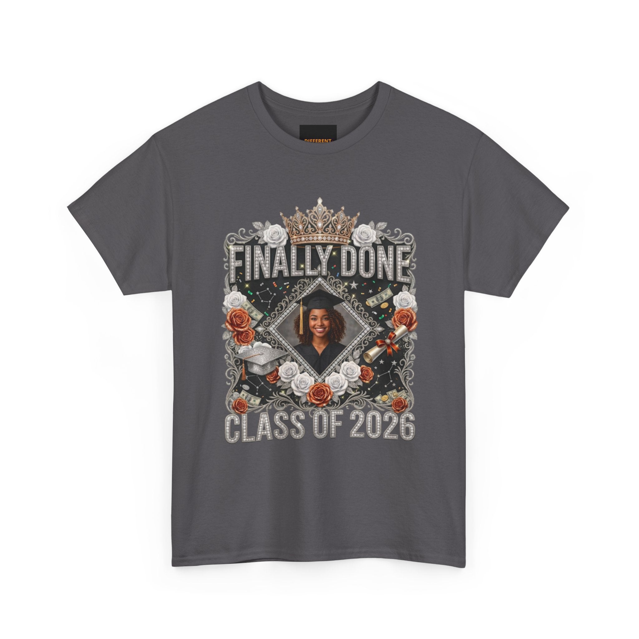 Graduation Tee — "Finally Done" Class of 2026 Personalized Cap & Gown Design