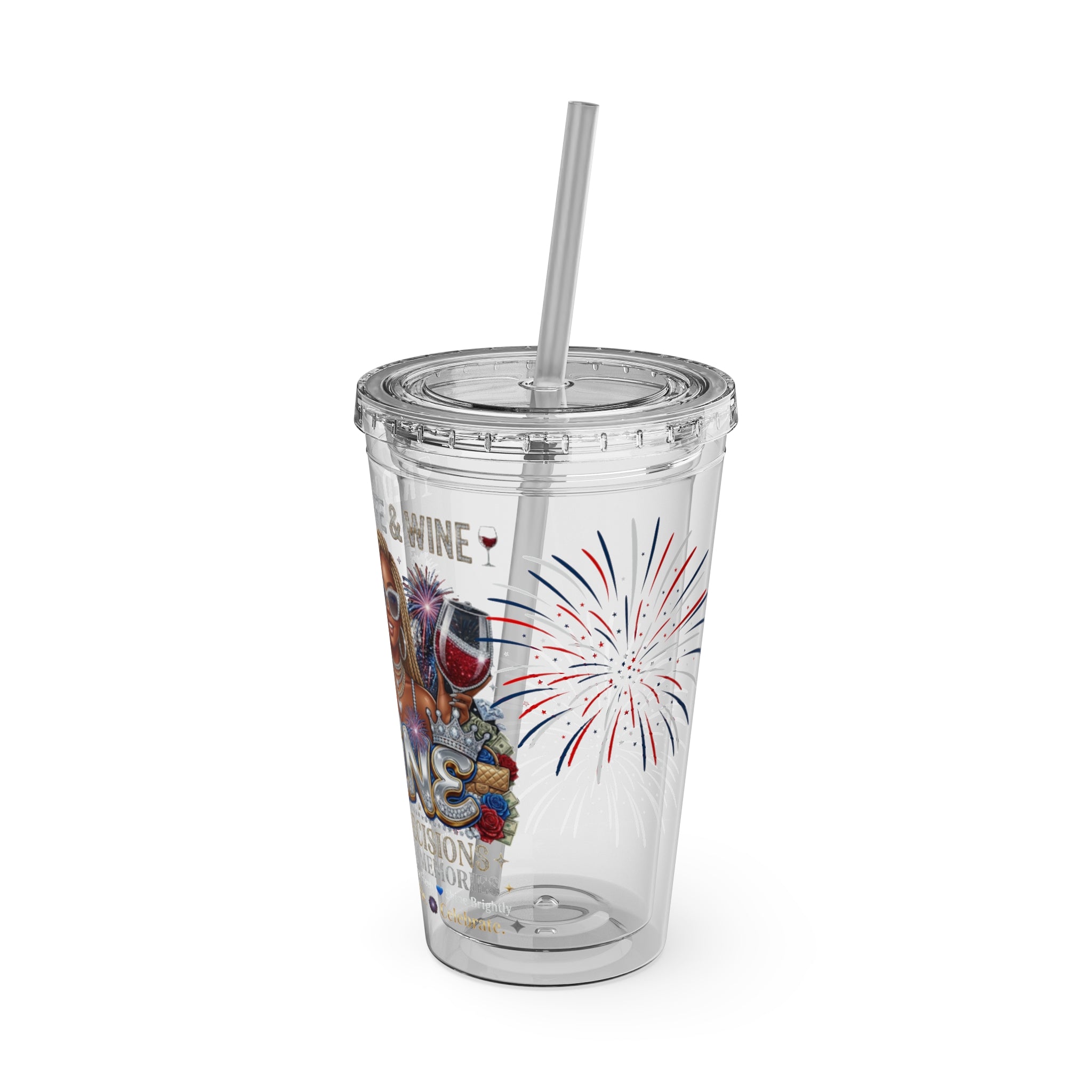 16oz Sunsplash Tumbler with Straw — 'Red, White & Wine' Patriotic Wine Lover Cup