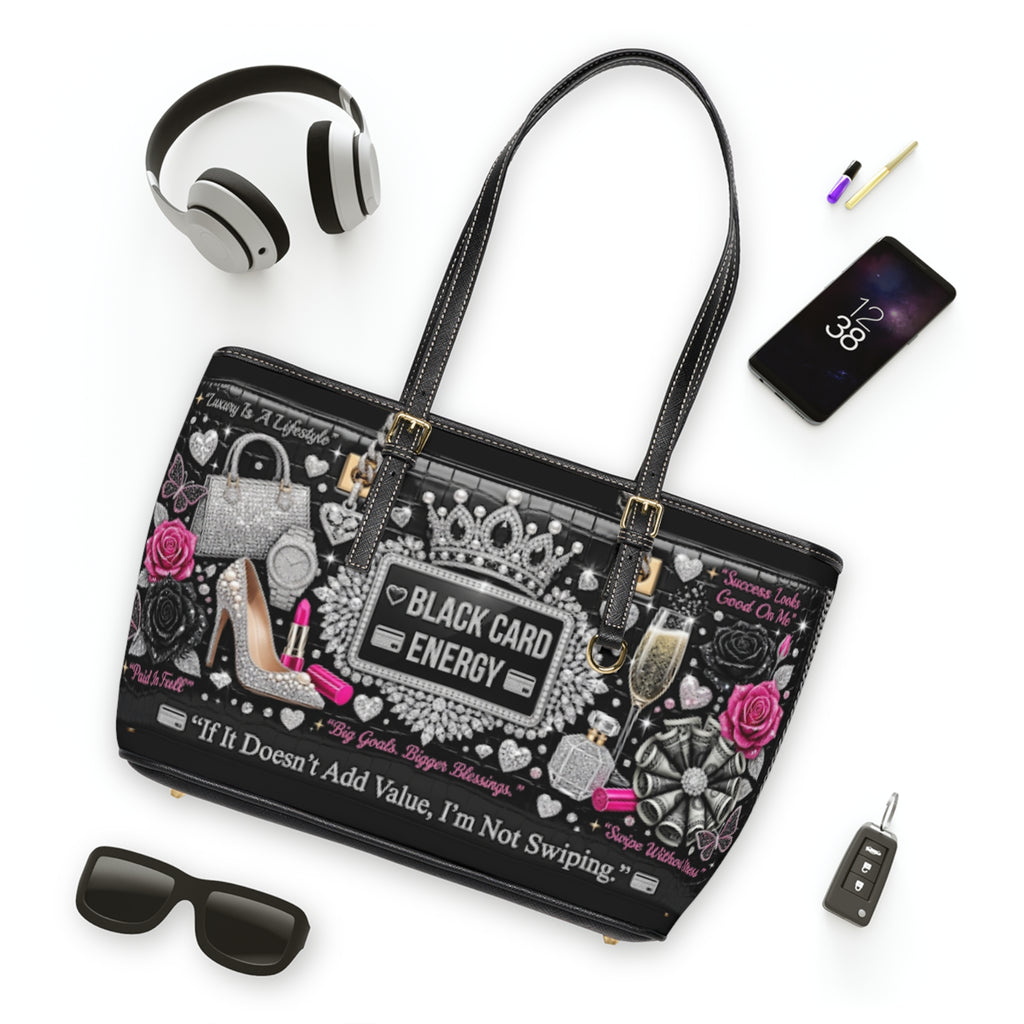 Tote Bag — "Black Card Energy" PU Leather Shoulder Tote with Glam Fashion Design