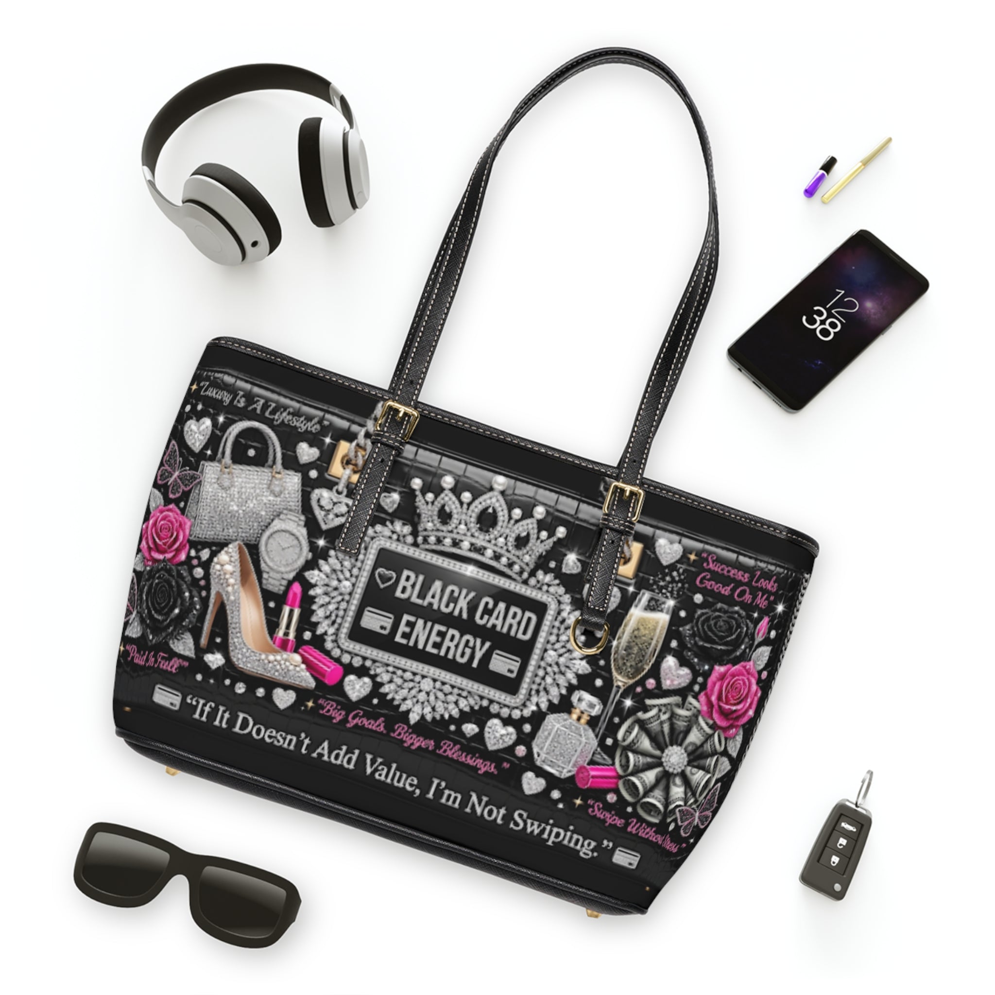 Tote Bag — "Black Card Energy" PU Leather Shoulder Tote with Glam Fashion Design