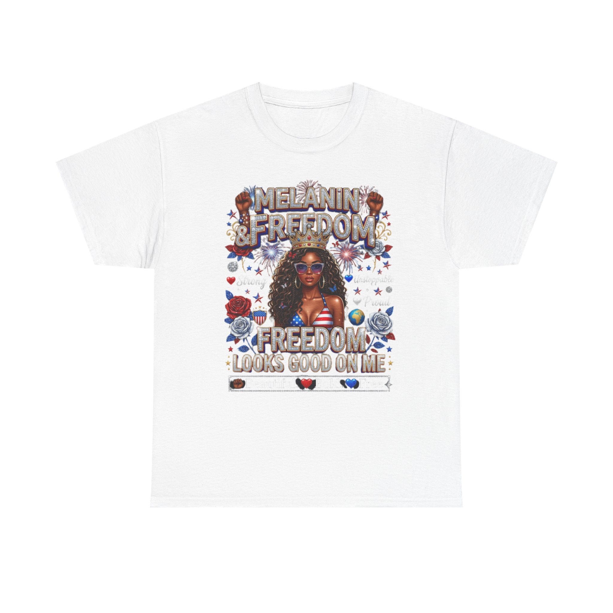 Melanin & Freedom Graphic Tee — "Freedom Looks Good on Me" Patriotic Afrocentric T-Shirt