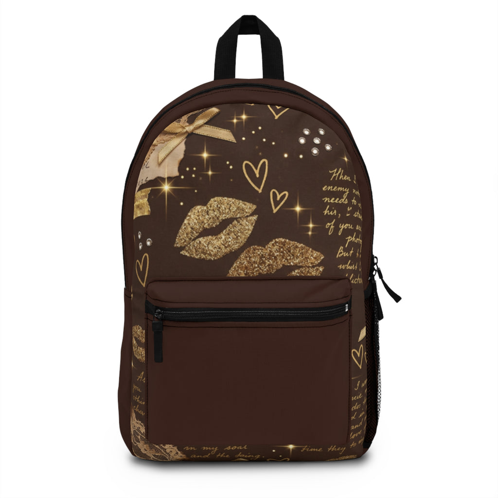 Gold Kiss Pattern Backpack — Chic Heart & Lip Print School Bag