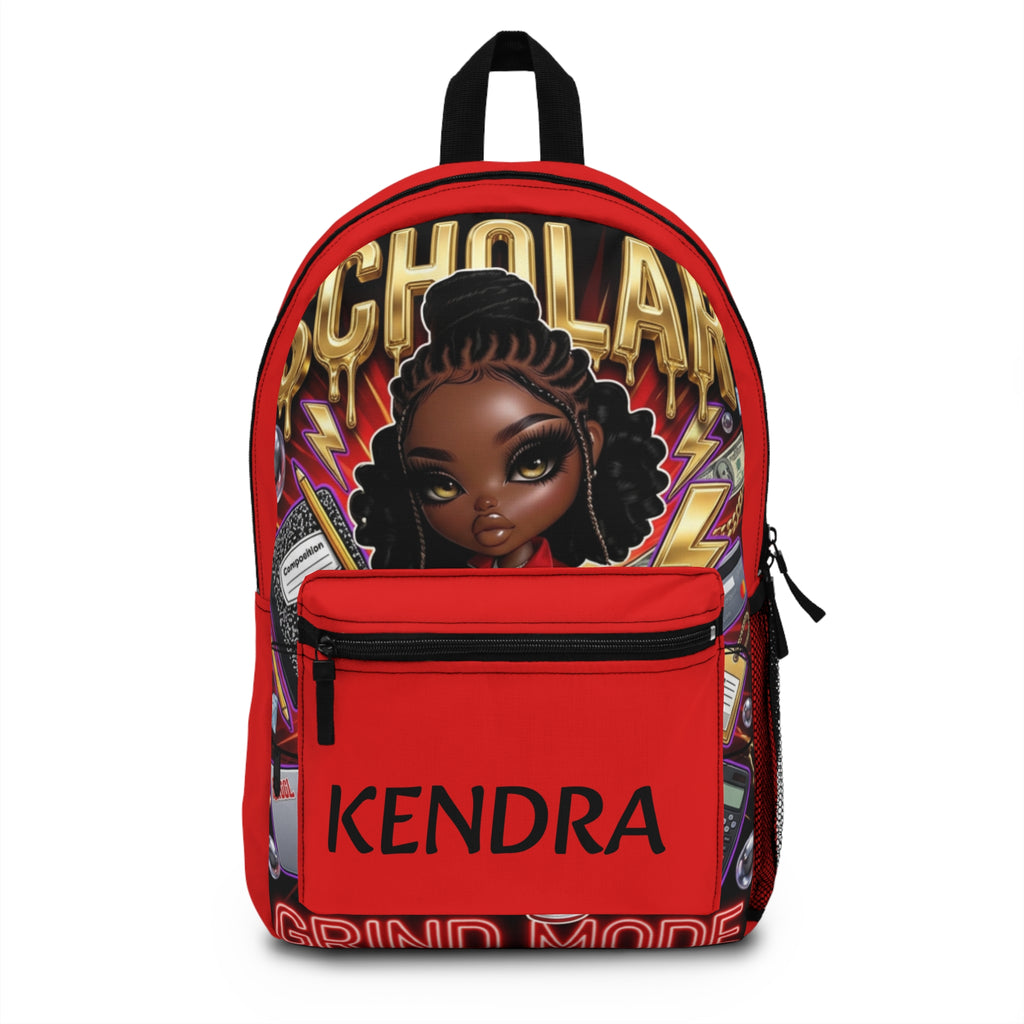 Personalized 'SCHOLAR' Red Backpack — Custom Name Kendra, Motivational Student Bookbag