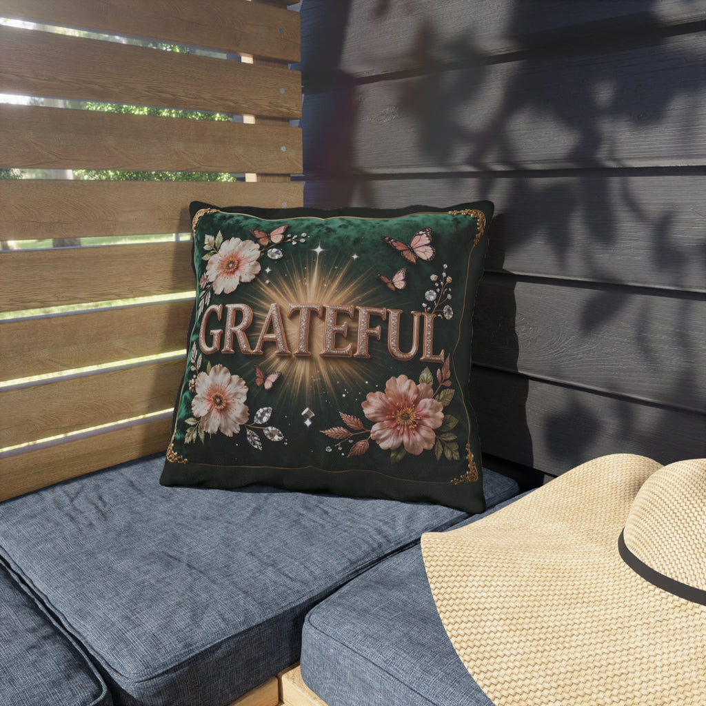 Grateful Floral Outdoor Pillow — Garden Butterflies Decorative Accent