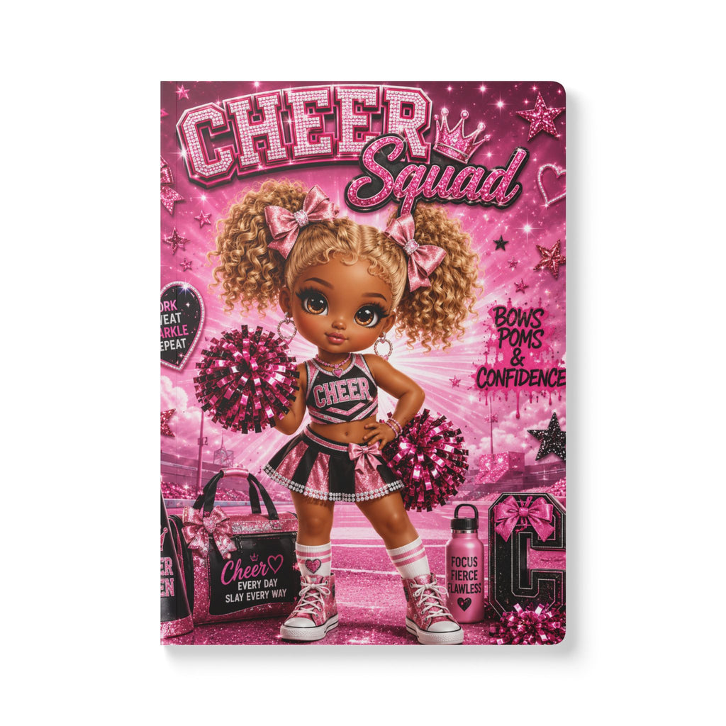 Cheer Squad Softcover Journal — Pink Pom-Pom Cheerleader Notebook with 'Bows, Poms & Confidence' Design