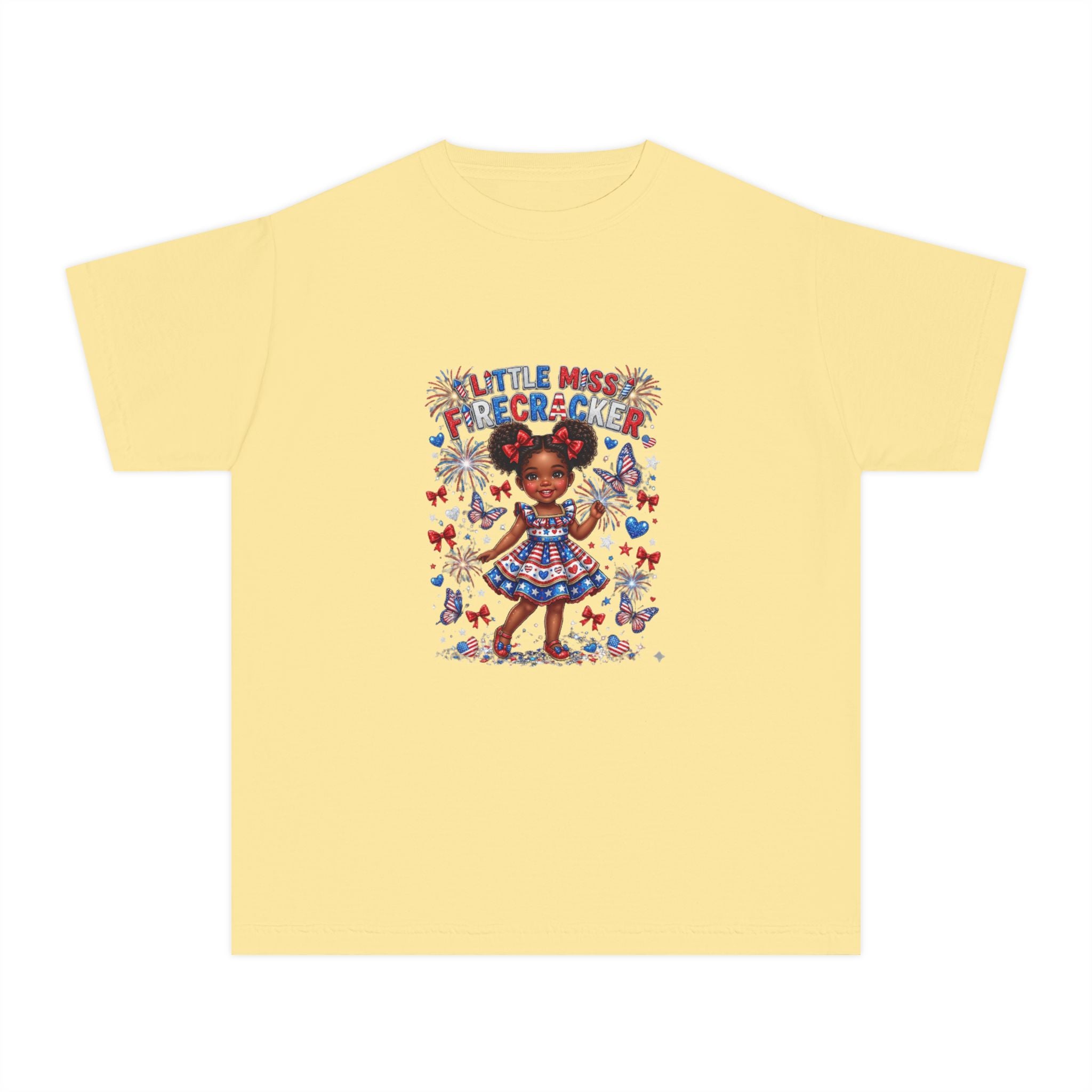 Youth Tee — “Little Miss Firecracker” Patriotic Girl Graphic T-Shirt