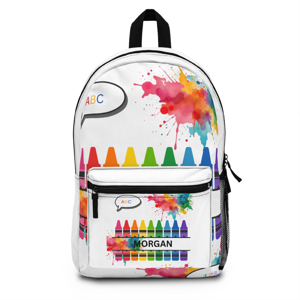 Personalized Color Crayon Backpack — Kids School Bag with ABC & Watercolor Splash (Custom Name)