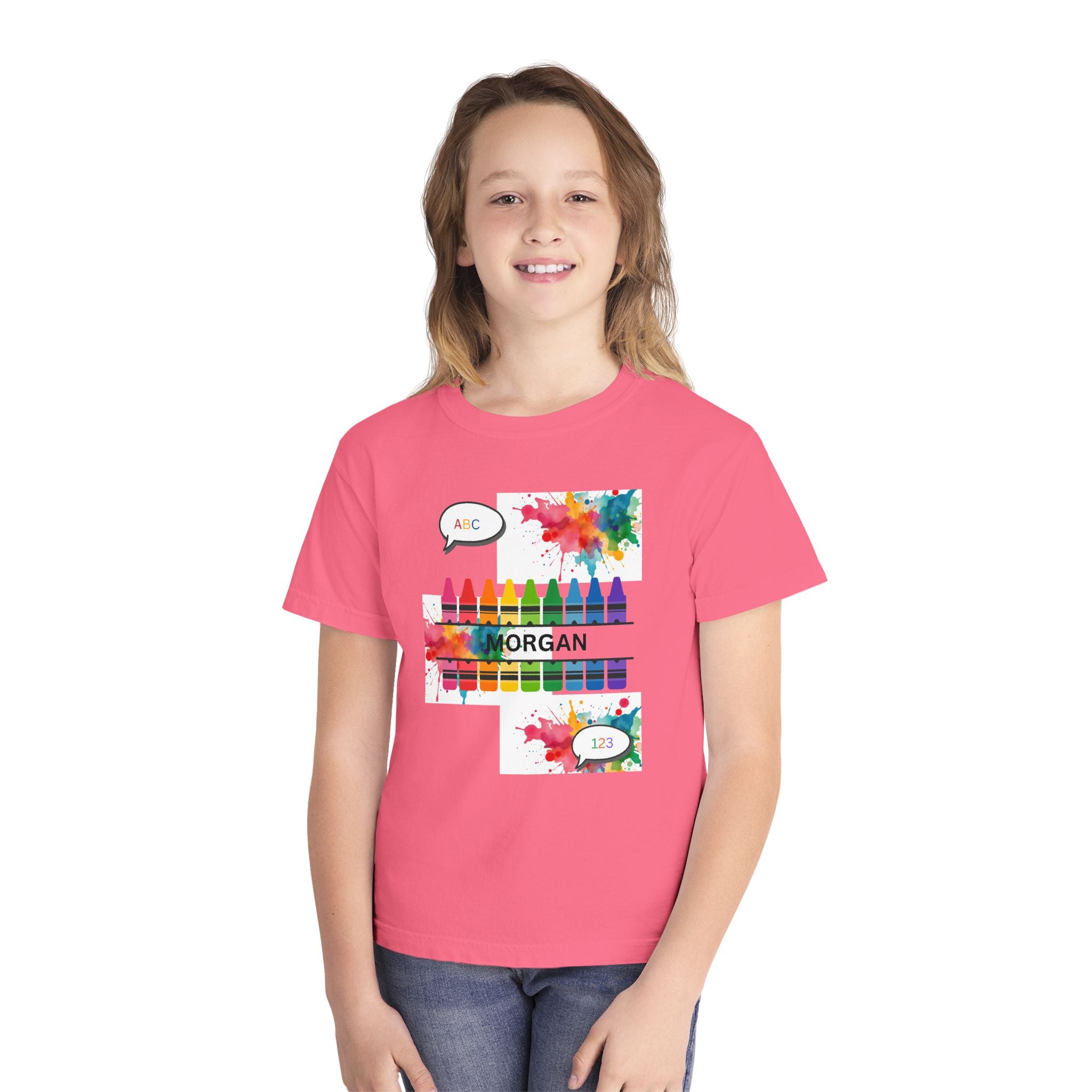 Kids Crayon Name T‑Shirt — Personalized Colorful Art Tee (ABC, 1-2)