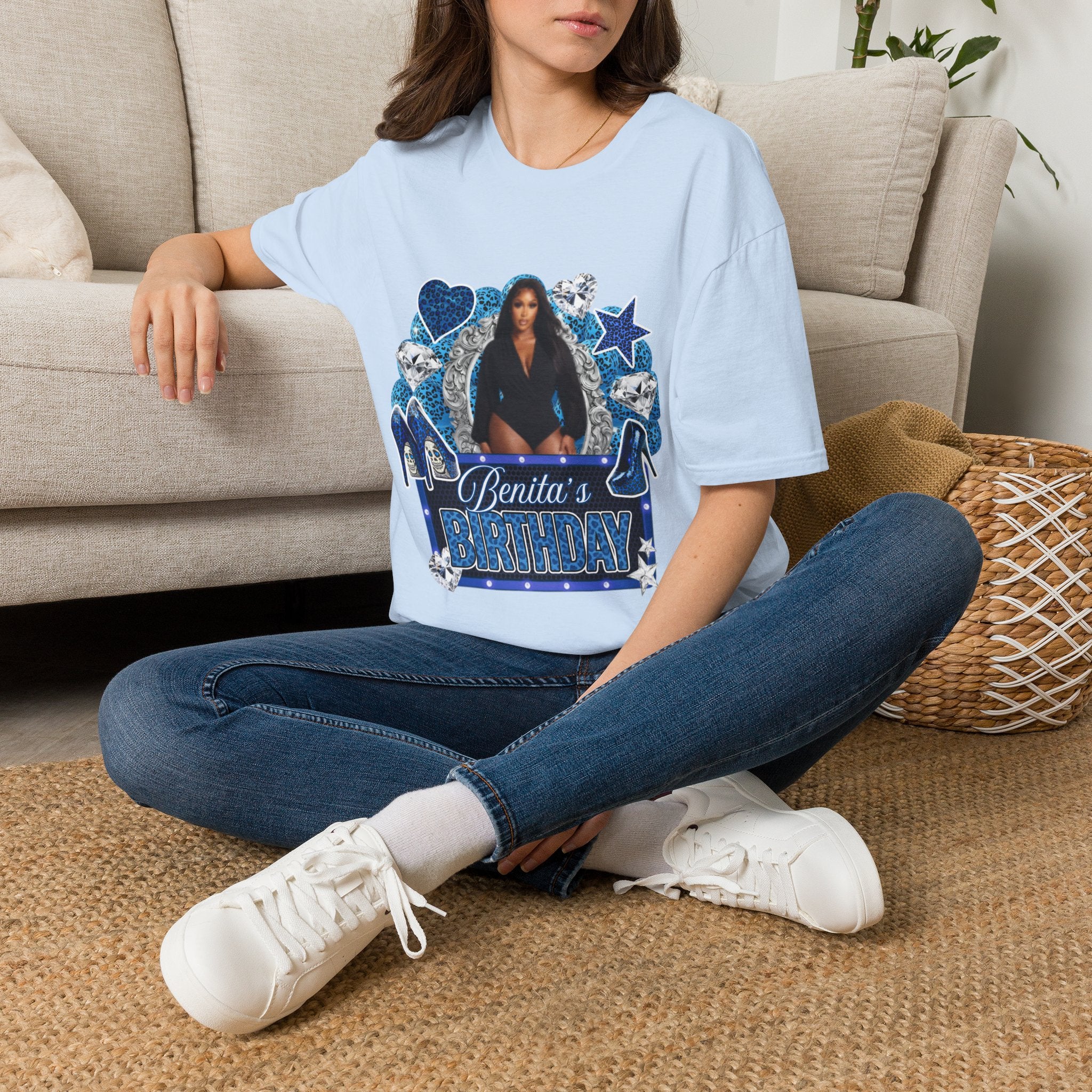 Custom Photo Birthday T-Shirt — Personalized "Birthday" Design with Blue Hearts & Diamonds