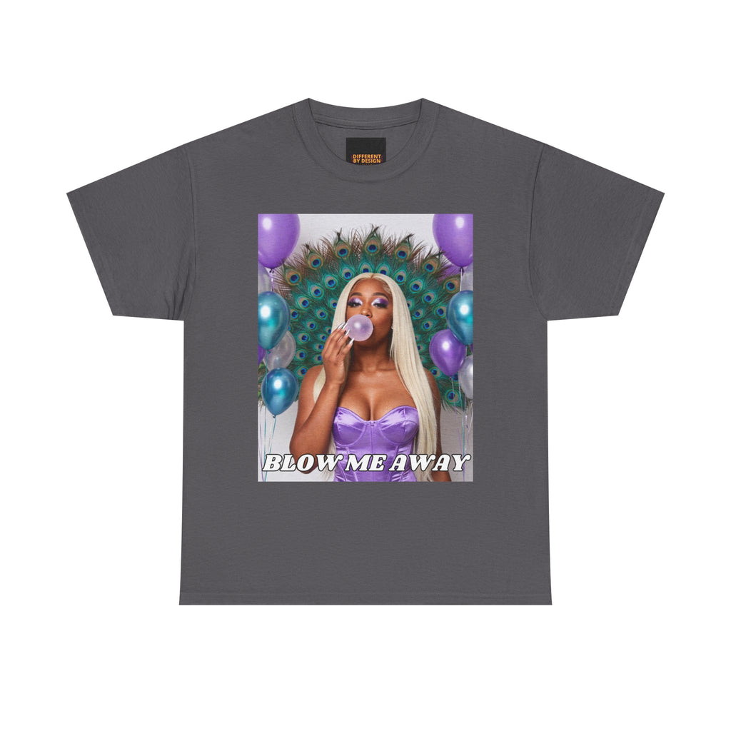 T-Shirt — "Blow Me Away" Bubblegum Pop Graphic Tee (Purple Peacock Design)