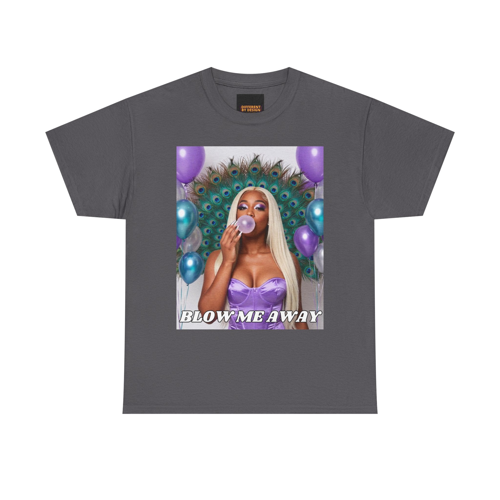 T-Shirt — "Blow Me Away" Bubblegum Pop Graphic Tee (Purple Peacock Design)